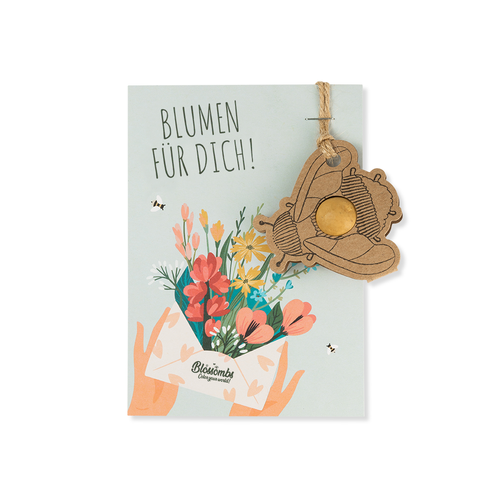 Karte "Blumen für dich" mit Hummelänhanger und Samenbombe