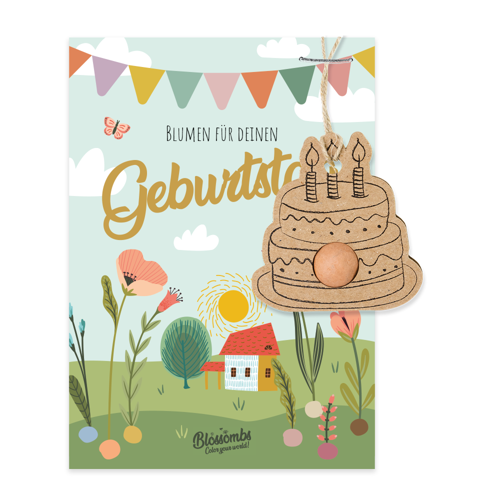 Karte "Blumen zum Geburtstag" mit Kuchenanhänger und Samenbombe