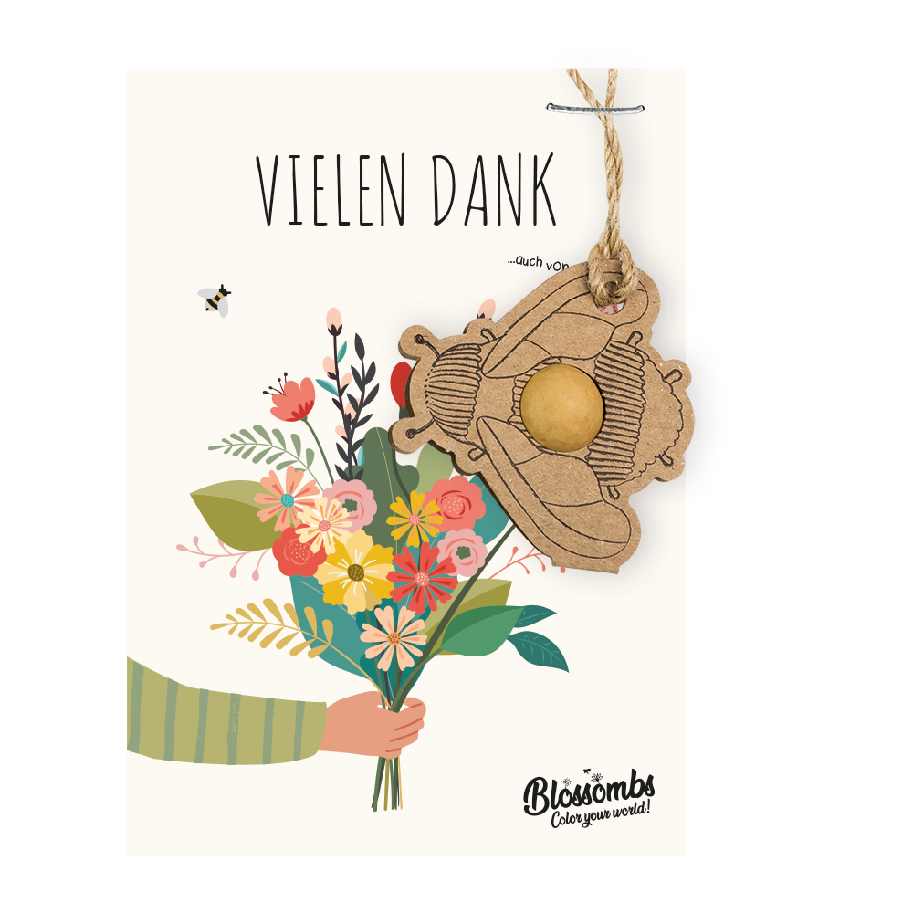 Karte "Vielen Dank" mit Hummelänhanger und Samenbombe