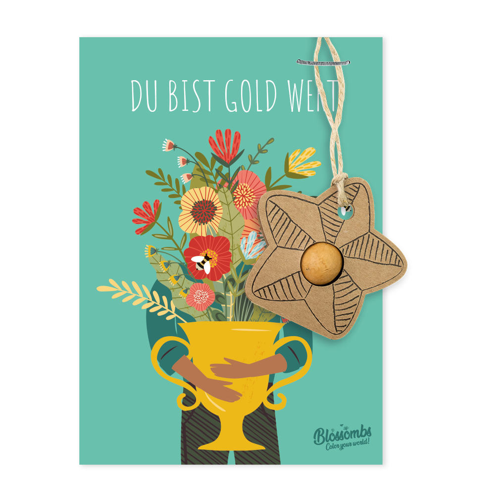 Karte "Du bist Gold wert" mit Sternänhanger und Samenbombe