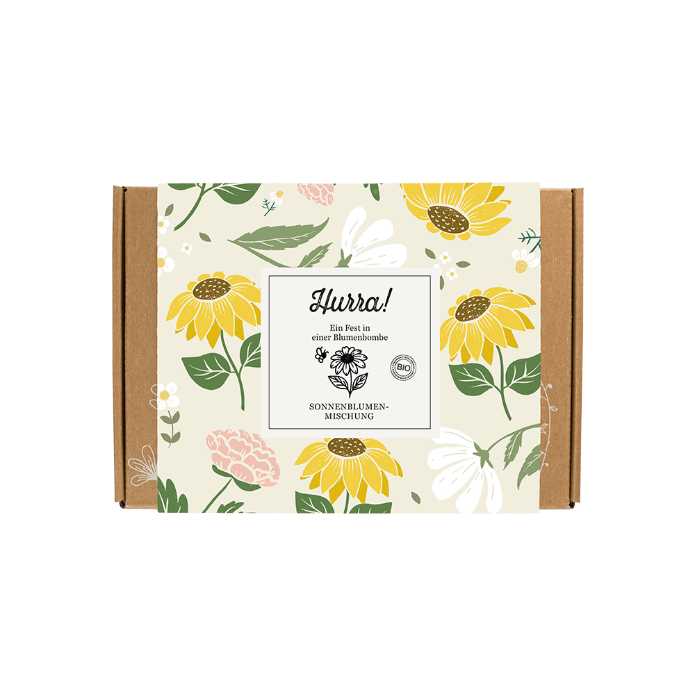 Geschenkbox Small „Hurra!“ mit 7 Saatbomben der Sonnenblumenmischung