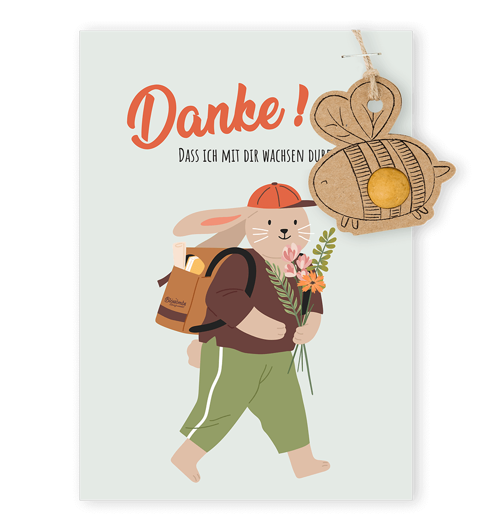 Dankeskarte mit Bienen-Anhänger und Blumenbombe