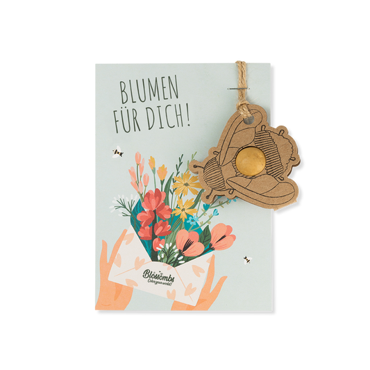 Karte "Blumen für dich" mit Hummelänhanger und Samenbombe