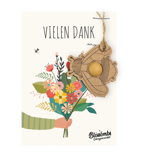 Karte "Vielen Dank" mit Hummelänhanger und Samenbombe