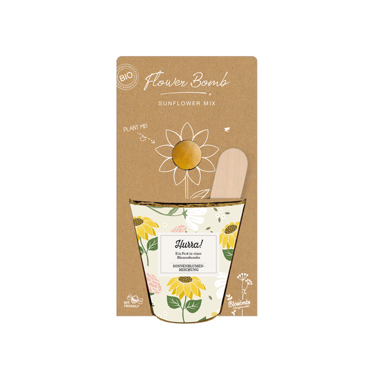 Grow Kit „Hurra!“ mit Saatbombe der Sonnenblumenmischung