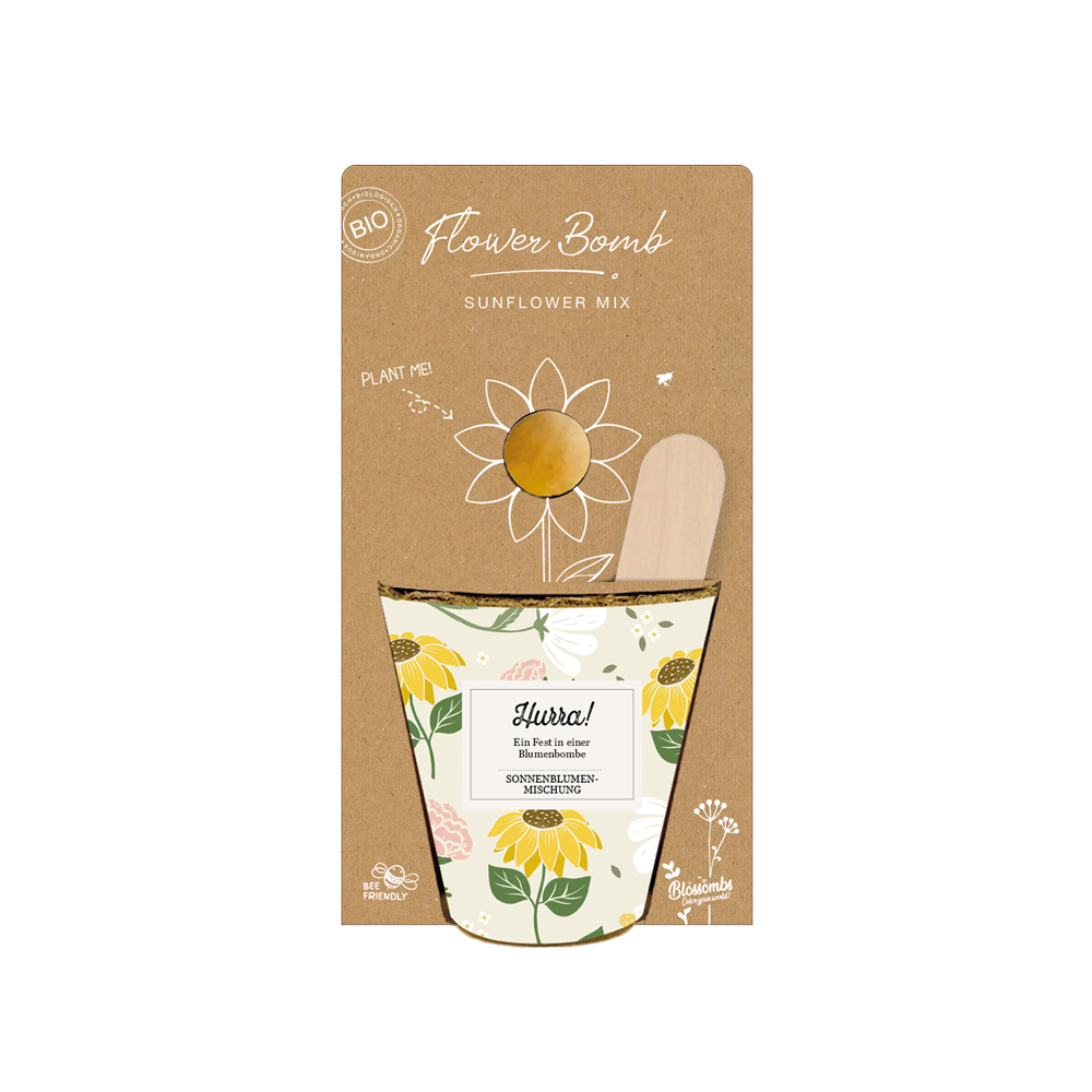 Grow Kit „Hurra!“ mit Saatbombe der Sonnenblumenmischung