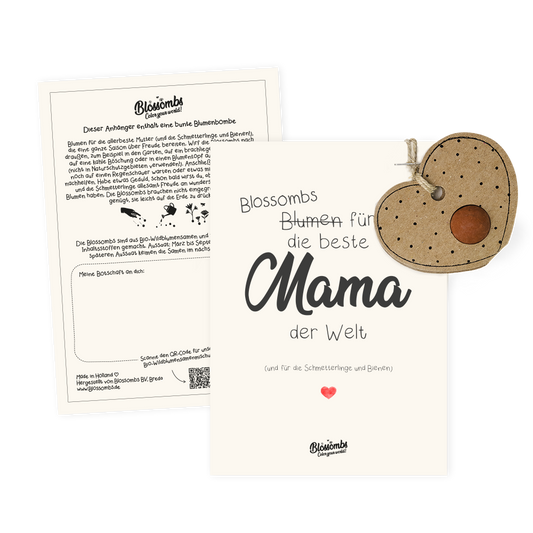 Karte "die beste Mama der welt" mit Herzänhanger und Samenbombe