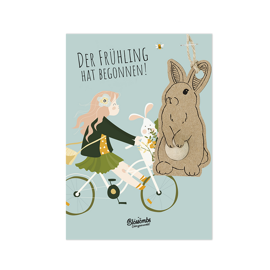 Karte "Der Frühling hat begonnen" mit Kaninchenänhanger und Samenbombe