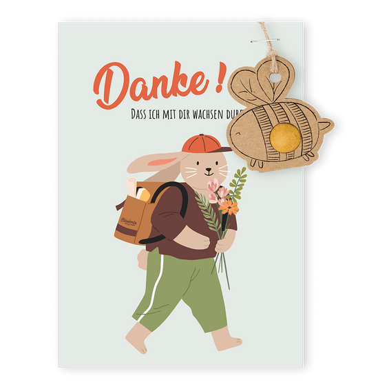 Dankeskarte mit Bienen-Anhänger und Blumenbombe