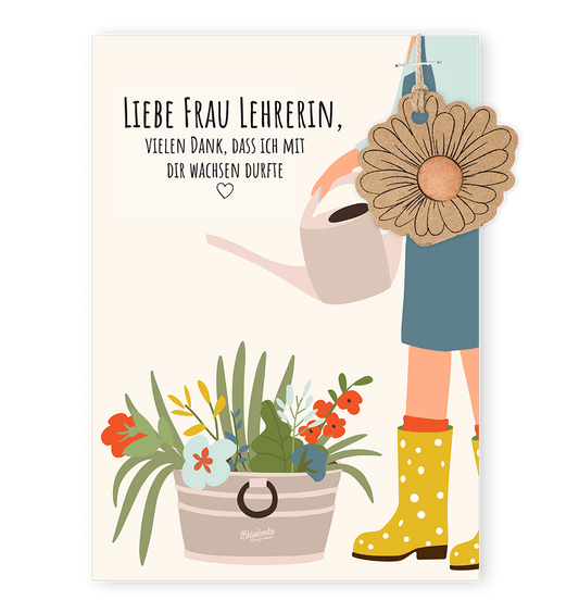 Karte "Liebe Frau Lehrerin" mit Blumenanhänger und Blumenbombe